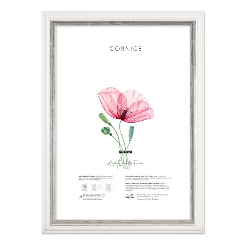 Cornice portafoto da parete Bianca con profilo Argento WHITE SILVER, per foto, stampe artistiche, poster, quadri moderni - 50x70 cm del brand Lupia, categoria: Arredo e decorazioni > Cornici e Portafoto > Cornici portafoto da parete, disponibile su Vorreishop.