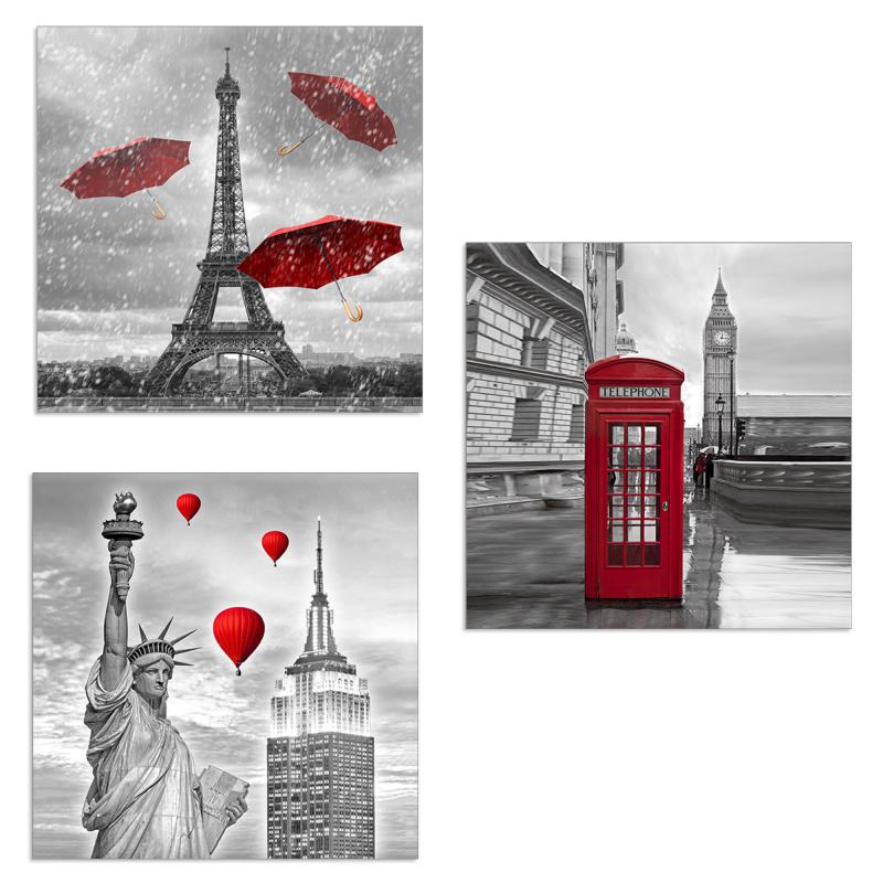 Set 3 pezzi Quadri su tela capitali in rosso Canvas World 57x57 cm CITY RED per soggiorno, capezzale camera da letto, cucina, ufficio del brand Lupia, categoria: Arredo e decorazioni > Quadri e Tele > Quadri a pannelli, disponibile su Vorreishop.