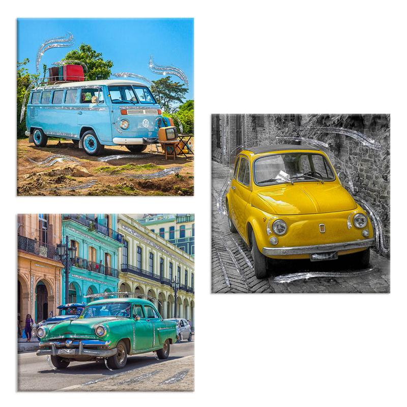 Set 3 pezzi Quadri su tela Canvas Day Brillant con glitter CARS 38x38 cm, tema auto d'epoca, per soggiorno, capezzale camera da letto, cucina del brand Lupia, categoria: Arredo e decorazioni > Quadri e Tele > Quadri su tela, disponibile su Vorreishop.