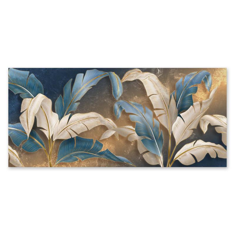 Lupia - Quadro moderno su Tela Canvas DEEP 65x143 cm LEAVES WHITE BLUE, Tela Cotone, Stampa, Made in Italy, Telaio in Legno, casa, soggiorno, capezzale camera da letto, hotel, ufficio del brand Lupia, categoria: Arredo e decorazioni > Quadri e Tele > Quadri su tela, disponibile su Vorreishop.