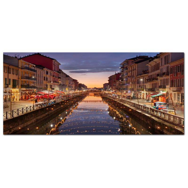 Lupia - Quadro moderno su Tela Canvas DEEP 65X143 cm, con paesaggi e localismi italiani, per casa, soggiorno, capezzale camera da letto, hotel, ufficio, MILANO - NAVIGLIO TWILIGHT             del brand Lupia, categoria: Arredo e decorazioni > Quadri e Tele > Quadri cittÃ  e Localismi, disponibile su Vorreishop.