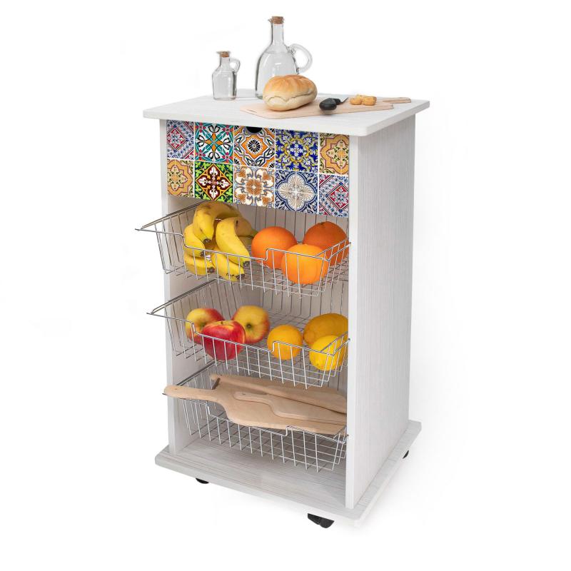 Lupia - Carrello Cucina Multifunzione Bianco WHITE TILES, Portafrutta Ruote Piroettanti, Piano di Appoggio, tre Cestelli Estraibili in Acciaio, Legno 40X45H85 cm montato del brand Lupia, categoria: Tavola e cucina > Carrelli e Cesti > Carrelli portafrutta multiuso, disponibile su Vorreishop.