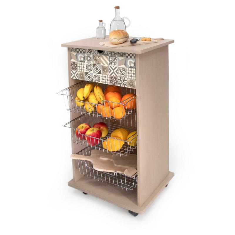 Lupia - Carrello Cucina Multifunzione VINTAGE TILES VINTAGE, Portafrutta Ruote Piroettanti, Piano di Appoggio, tre Cestelli Estraibili in Acciaio, Legno 40X45H85 cm montato del brand Lupia, categoria: Tavola e cucina > Carrelli e Cesti > Carrelli portafrutta multiuso, disponibile su Vorreishop.