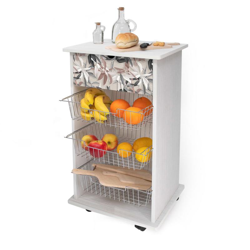 Lupia - Carrello Cucina Multifunzione Bianco WHITE LEAVES MIX, Portafrutta Ruote Piroettanti, Piano di Appoggio, tre Cestelli Estraibili in Acciaio, Legno 40X45H85 cm montato del brand Lupia, categoria: Tavola e cucina > Carrelli e Cesti > Carrelli portafrutta multiuso, disponibile su Vorreishop.