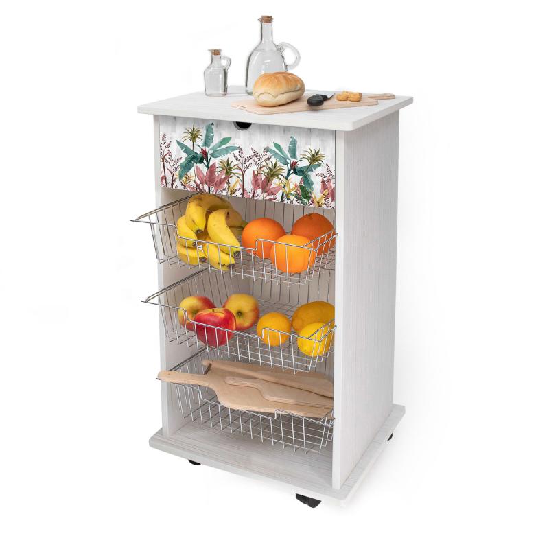 Lupia - Carrello Cucina Multifunzione WHITE BANANO GREY, Portafrutta Ruote Piroettanti, Piano di Appoggio, tre Cestelli Estraibili in Acciaio, Legno 40X45H85 cm montato del brand Lupia, categoria: Tavola e cucina > Carrelli e Cesti > Carrelli portafrutta multiuso, disponibile su Vorreishop.