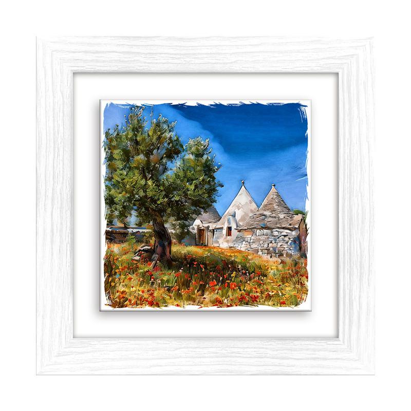 Lupia - Quadro moderno con paesaggi e localismi italiani, Ceramica e Stampa Rilievo, Cornice Legno Shabby Modern bianca, Decorazione Parete, Quadretti Soggiorno, 29x29 cm PUGLIA TRULLI E ALBERO ULIVO del brand Lupia, categoria: Arredo e decorazioni > Quadri e Tele > Quadri città e Localismi, disponibile su Vorreishop.