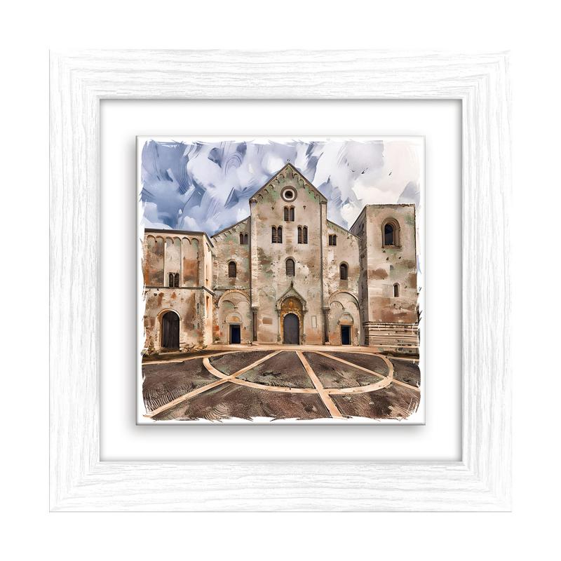 Lupia - Quadro moderno con paesaggi e localismi italiani, Ceramica e Stampa Rilievo, Cornice Legno Shabby Modern bianca, Decorazione Parete, Quadretti Soggiorno, 29x29 cm PUGLIA BARI BASILICA S.NICOLA del brand Lupia, categoria: Arredo e decorazioni > Quadri e Tele > Quadri su ceramica, disponibile su Vorreishop.