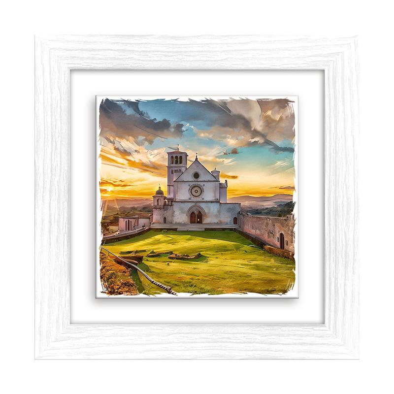 Lupia - Quadro moderno con paesaggi e localismi italiani, Ceramica e Stampa Rilievo, Cornice Legno Shabby Modern bianca, Decorazione Parete, Quadretti Soggiorno, 29x29 cm, PERUGIA CHIESA S.FRANCESCO del brand Lupia, categoria: Arredo e decorazioni > Quadri e Tele > Quadri su ceramica, disponibile su Vorreishop.