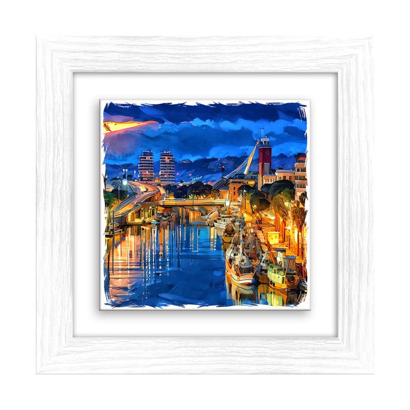 Lupia - Quadro moderno con paesaggi e localismi italiani, Ceramica e Stampa Rilievo, Cornice Legno Shabby Modern bianca, Decorazione Parete, Quadretti Soggiorno, 29x29 cm, PESCARA PANORAMA SERA del brand Lupia, categoria: Arredo e decorazioni > Quadri e Tele > Quadri su ceramica, disponibile su Vorreishop.