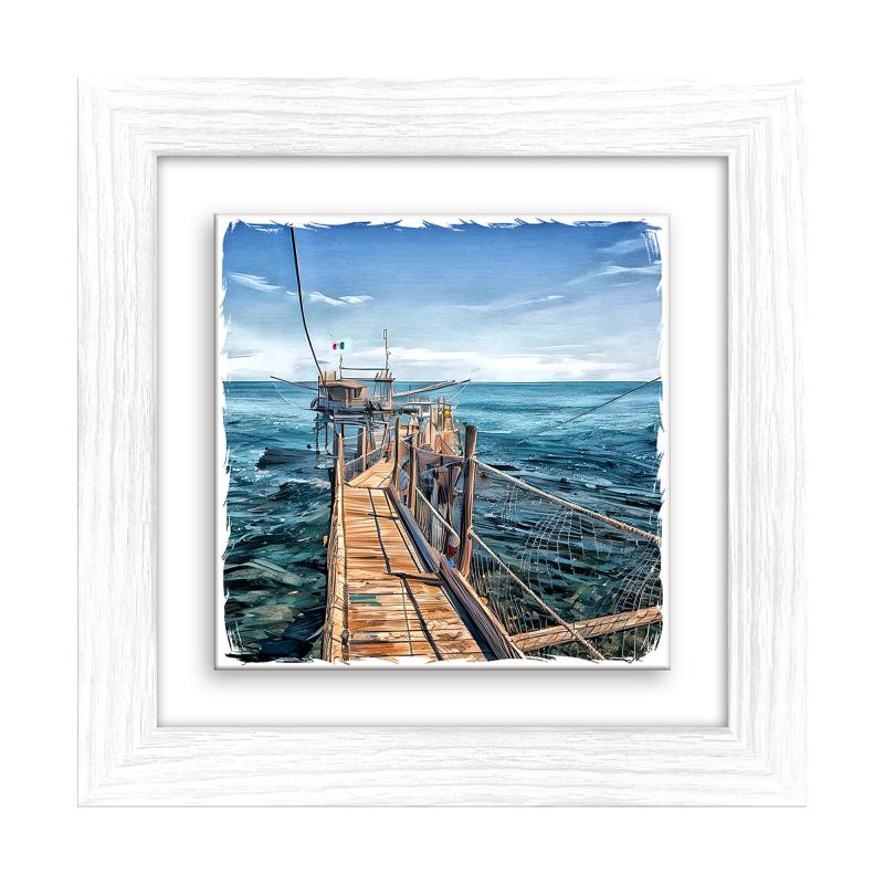 Lupia - Quadro moderno con paesaggi e localismi italiani, Ceramica e Stampa Rilievo, Cornice Legno Shabby Modern bianca, Decorazione Parete, Quadretti Soggiorno, 29x29 cm, PESCARA COSTA TRABOCCO del brand Lupia, categoria: Arredo e decorazioni > Quadri e Tele > Quadri su ceramica, disponibile su Vorreishop.