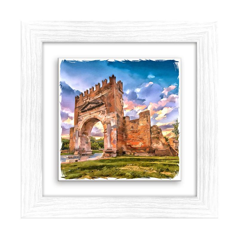 Lupia - Quadro moderno con paesaggi e localismi italiani, Ceramica e Stampa Rilievo, Cornice Legno Shabby Modern bianca, Decorazione Parete, Quadretti Soggiorno, 29x29 cm, RIMINI ARCO DI AUGUSTO del brand Lupia, categoria: Arredo e decorazioni > Quadri e Tele > Quadri città e Localismi, disponibile su Vorreishop.