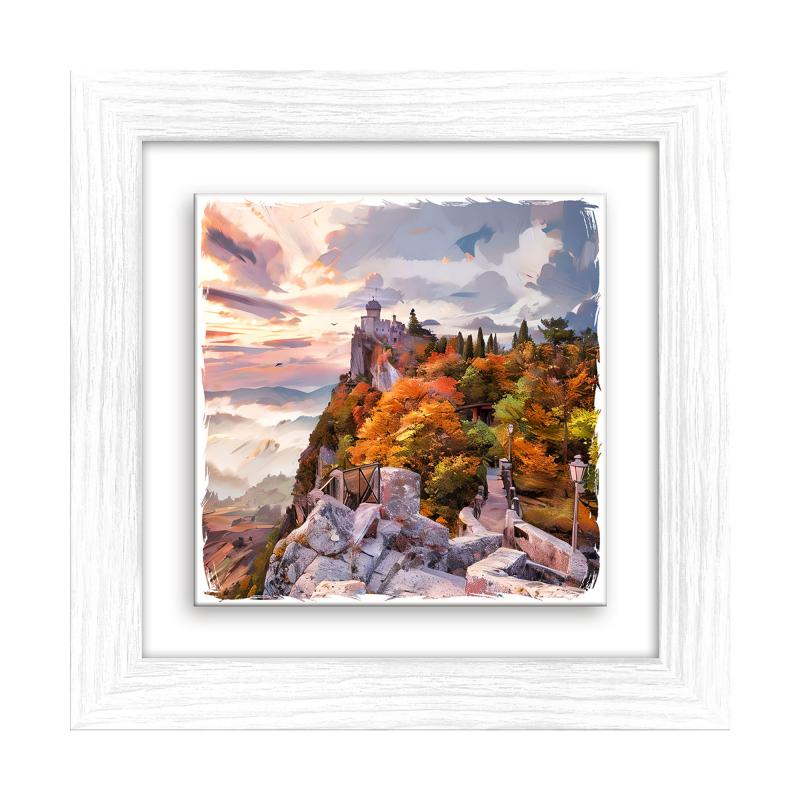 Lupia - Quadro moderno con paesaggi e localismi italiani, Ceramica e Stampa Rilievo, Cornice Legno Shabby Modern bianca, Decorazione Parete, Quadretti Soggiorno, 29x29 cm, RIMINI PANORAMA SAN MARINO del brand Lupia, categoria: Arredo e decorazioni > Quadri e Tele > Quadri su ceramica, disponibile su Vorreishop.