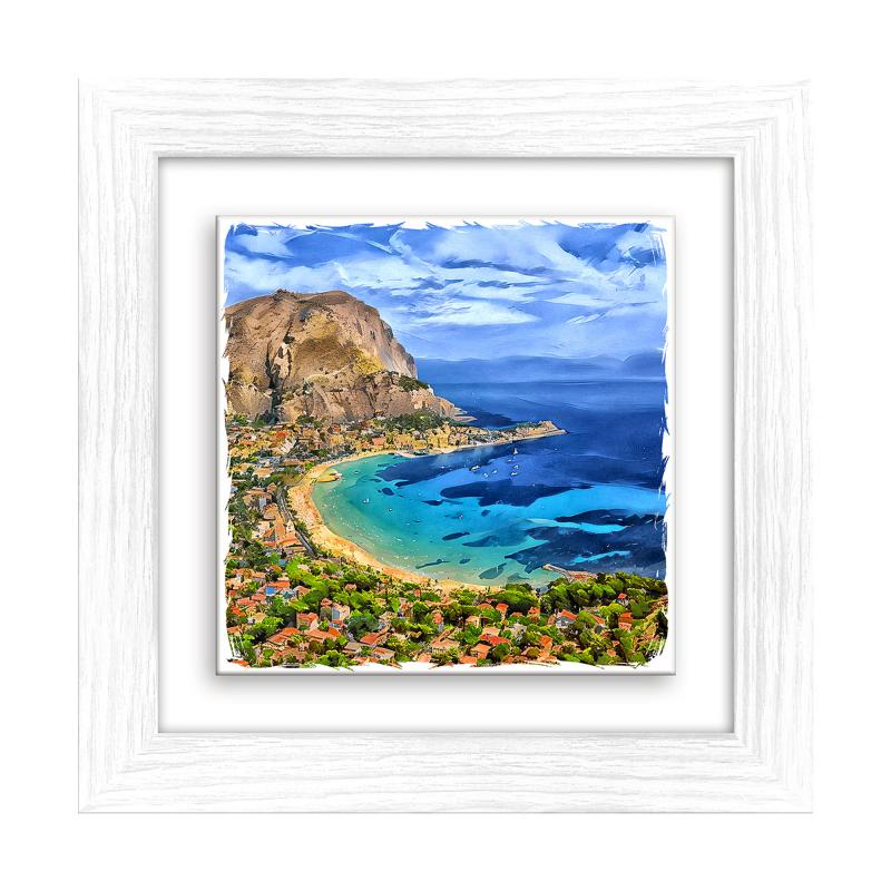 Lupia - Quadro moderno con paesaggi e localismi italiani, Ceramica e Stampa Rilievo, Cornice Legno Shabby Modern bianca, Decorazione Parete, Quadretti Soggiorno, 29x29 cm, PALERMO PANORAMA GOLFO del brand Lupia, categoria: Arredo e decorazioni > Quadri e Tele > Quadri su ceramica, disponibile su Vorreishop.