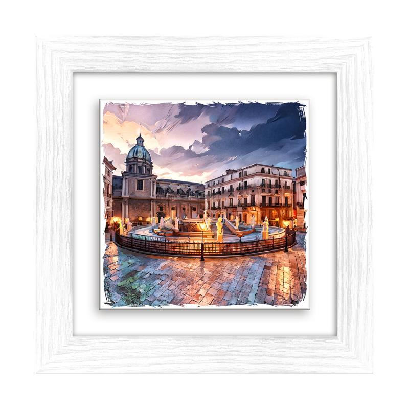 Lupia - Quadro moderno con paesaggi e localismi italiani, Ceramica e Stampa Rilievo, Cornice Legno Shabby Modern bianca, Decorazione Parete, Quadretti Soggiorno, 29x29 cm, PALERMO FONTANA PRETORIA del brand Lupia, categoria: Arredo e decorazioni > Quadri e Tele > Quadri su ceramica, disponibile su Vorreishop.