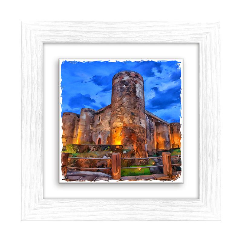 Lupia - Quadro moderno con paesaggi e localismi italiani, Ceramica e Stampa Rilievo, Cornice Legno Shabby Modern bianca, Decorazione Parete, Quadretti Soggiorno, 29x29 cm, CATANIA CASTELLO URSINO del brand Lupia, categoria: Arredo e decorazioni > Quadri e Tele > Quadri città e Localismi, disponibile su Vorreishop.