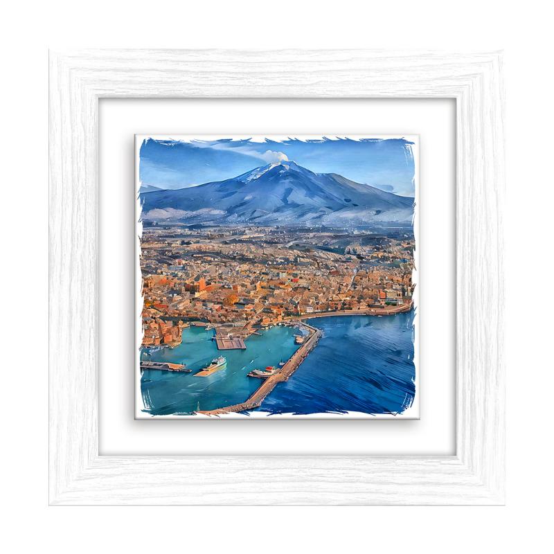 Lupia - Quadro moderno con paesaggi e localismi italiani, Ceramica e Stampa Rilievo, Cornice Legno Shabby Modern bianca, Decorazione Parete, Quadretti Soggiorno, 29x29 cm, CATANIA PANORAMA ETNA del brand Lupia, categoria: Arredo e decorazioni > Quadri e Tele > Quadri su ceramica, disponibile su Vorreishop.