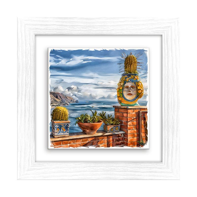 Lupia - Quadro moderno con paesaggi e localismi italiani, Ceramica e Stampa Rilievo, Cornice Legno Shabby Modern bianca, Decorazione Parete, Quadretti Soggiorno, 29x29 cm, CATANIA PANORAMA TAORMINA del brand Lupia, categoria: Arredo e decorazioni > Quadri e Tele > Quadri su ceramica, disponibile su Vorreishop.