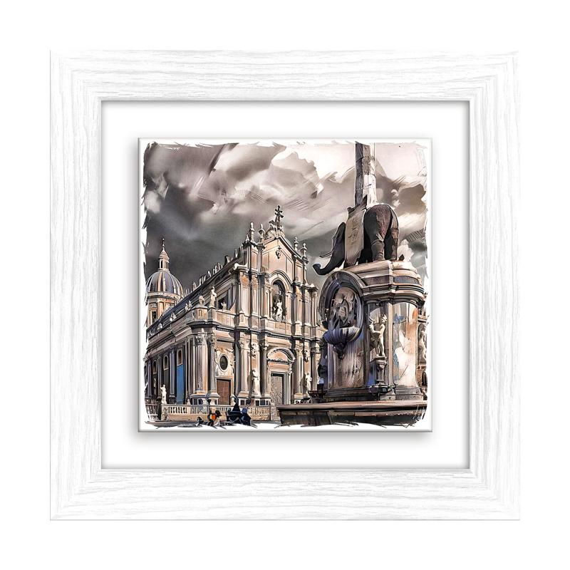 Lupia - Quadro moderno con paesaggi e localismi italiani, Ceramica e Stampa Rilievo, Cornice Legno Shabby Modern bianca, Decorazione Parete, Quadretti Soggiorno, 29x29 cm, CATANIA PIAZZA DUOMO del brand Lupia, categoria: Arredo e decorazioni > Quadri e Tele > Quadri su ceramica, disponibile su Vorreishop.
