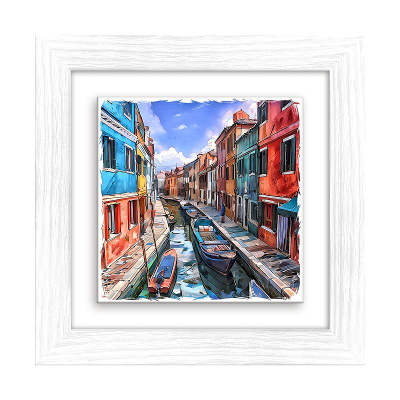 Lupia - Quadro moderno con paesaggi e localismi italiani, Ceramica e Stampa Rilievo, Cornice Legno Shabby Modern bianca, Decorazione Parete, Quadretti Soggiorno, 29x29 cm, VENEZIA CANALE CASE COLORATE del brand Lupia, categoria: Arredo e decorazioni > Quadri e Tele > Quadri città e Localismi, disponibile su Vorreishop.