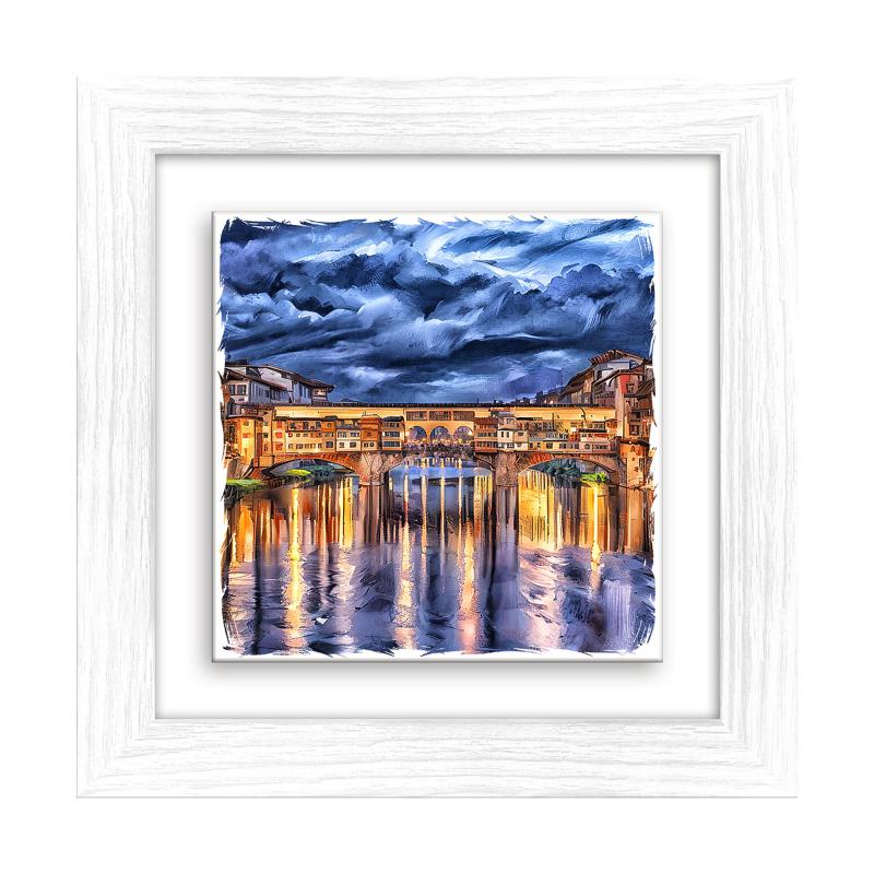 Lupia - Quadro moderno con paesaggi e localismi italiani, Ceramica e Stampa Rilievo, Cornice Legno Shabby Modern bianca, Decorazione Parete, Quadretti Soggiorno 29x29 cm FIRENZE PONTE VECCHIO TWILIGHT del brand Lupia, categoria: Arredo e decorazioni > Quadri e Tele > Quadri su ceramica, disponibile su Vorreishop.
