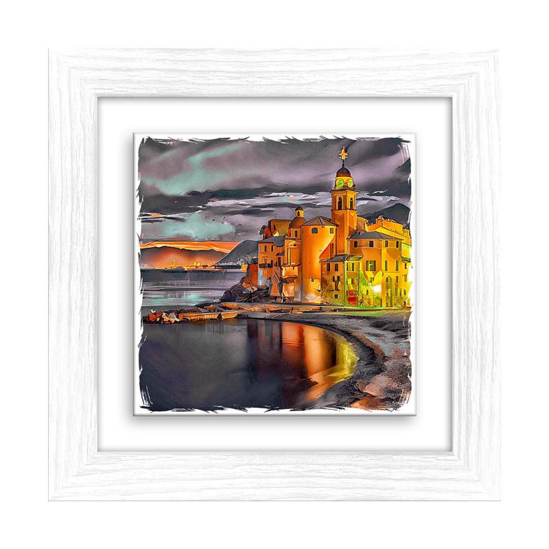 Lupia - Quadro moderno con paesaggi e localismi italiani, Ceramica e Stampa Rilievo, Cornice Legno Shabby Modern bianca, Decorazione Parete, Quadretti Soggiorno, 29x29 cm, GENOVA BASILICA NOTTE del brand Lupia, categoria: Arredo e decorazioni > Quadri e Tele > Quadri città e Localismi, disponibile su Vorreishop.
