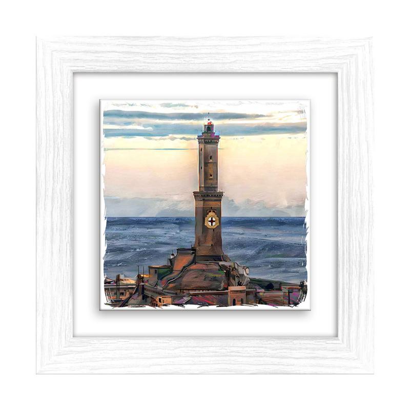 Lupia - Quadro moderno con paesaggi e localismi italiani, Ceramica e Stampa Rilievo, Cornice Legno Shabby Modern bianca, Decorazione Parete, Quadretti Soggiorno, 29x29 cm, GENOVA LANTERNA GIORNO del brand Lupia, categoria: Arredo e decorazioni > Quadri e Tele > Quadri città e Localismi, disponibile su Vorreishop.
