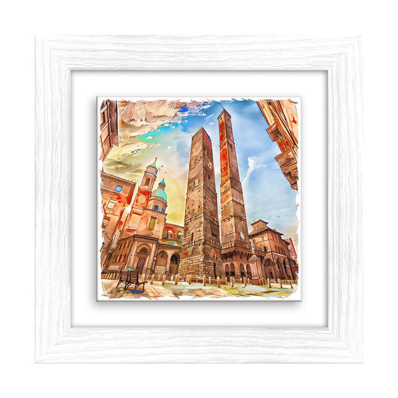 Lupia - Quadro moderno con paesaggi e localismi italiani, Ceramica e Stampa Rilievo, Cornice Legno Shabby Modern bianca, Decorazione Parete, Quadretti Soggiorno, 29x29 cm, BOLOGNA LE TORRI del brand Lupia, categoria: Arredo e decorazioni > Quadri e Tele > Quadri città e Localismi, disponibile su Vorreishop.