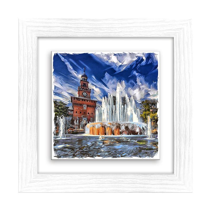 Lupia - Quadro moderno con paesaggi e localismi italiani, Ceramica e Stampa Rilievo, Cornice Legno Shabby Modern bianca, Decorazione Parete, Quadretti Soggiorno 29x29 cm MILANO FONTANA PIAZZA CASTELLO del brand Lupia, categoria: Arredo e decorazioni > Quadri e Tele > Quadri città e Localismi, disponibile su Vorreishop.