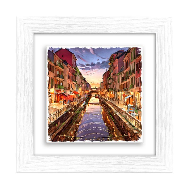 Lupia - Quadro moderno con paesaggi e localismi italiani, Ceramica e Stampa Rilievo, Cornice Legno Shabby Modern bianca, Decorazione Parete, Quadretti Soggiorno, 29x29 cm, MILANO NAVIGLI del brand Lupia, categoria: Arredo e decorazioni > Quadri e Tele > Quadri su ceramica, disponibile su Vorreishop.