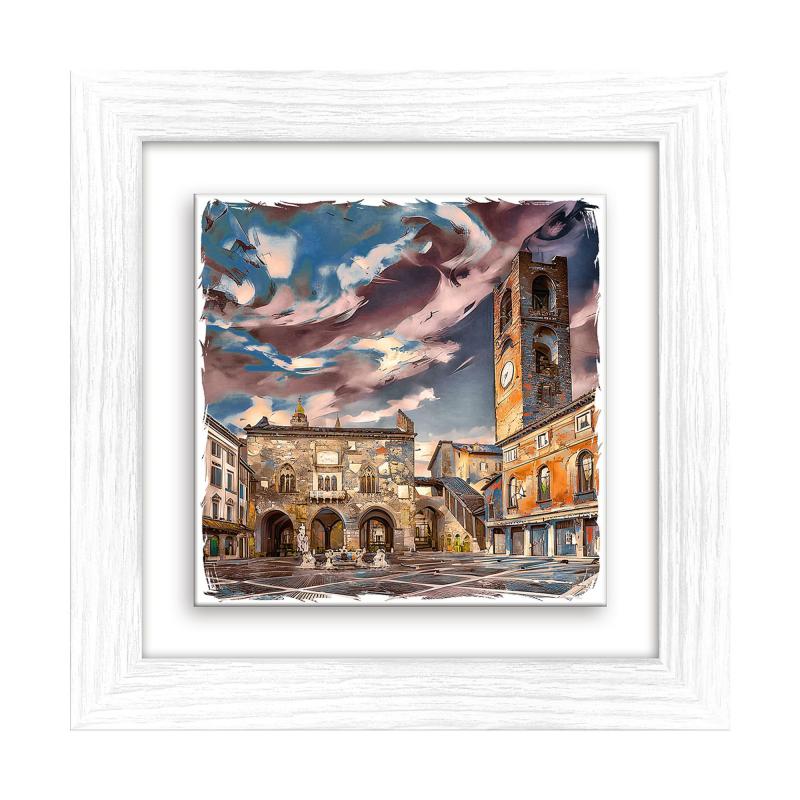 Lupia - Quadro moderno con paesaggi e localismi italiani, Ceramica e Stampa Rilievo, Cornice Legno Shabby Modern bianca, Decorazione Parete, Quadretti Soggiorno, 29x29 cm, BERGAMO PIAZZA VECCHIA del brand Lupia, categoria: Arredo e decorazioni > Quadri e Tele > Quadri su ceramica, disponibile su Vorreishop.