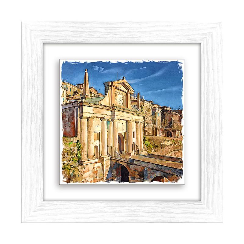 Lupia - Quadro moderno con paesaggi e localismi italiani, Ceramica e Stampa Rilievo, Cornice Legno Shabby Modern bianca, Decorazione Parete, Quadretti Soggiorno, 29x29 cm, BERGAMO PORTA SAN GIACOMO del brand Lupia, categoria: Arredo e decorazioni > Quadri e Tele > Quadri città e Localismi, disponibile su Vorreishop.
