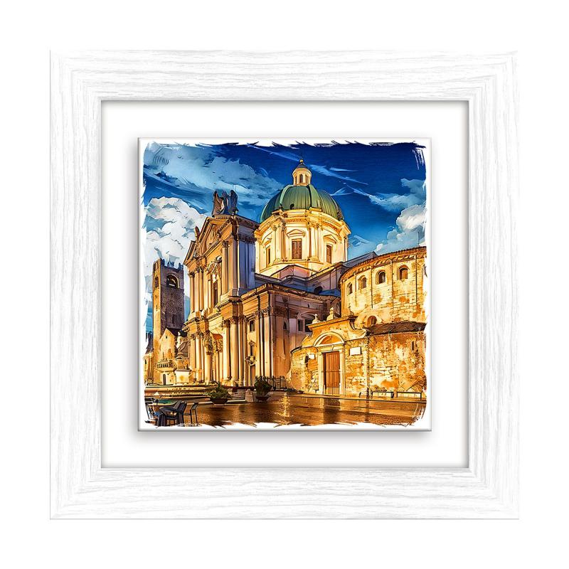 Lupia - Quadro moderno con paesaggi e localismi italiani, Ceramica e Stampa Rilievo, Cornice Legno Shabby Modern bianca, Decorazione Parete, Quadretti Soggiorno 29x29 cm BRESCIA DUOMO NUOVO E VECCHIO del brand Lupia, categoria: Arredo e decorazioni > Quadri e Tele > Quadri su ceramica, disponibile su Vorreishop.