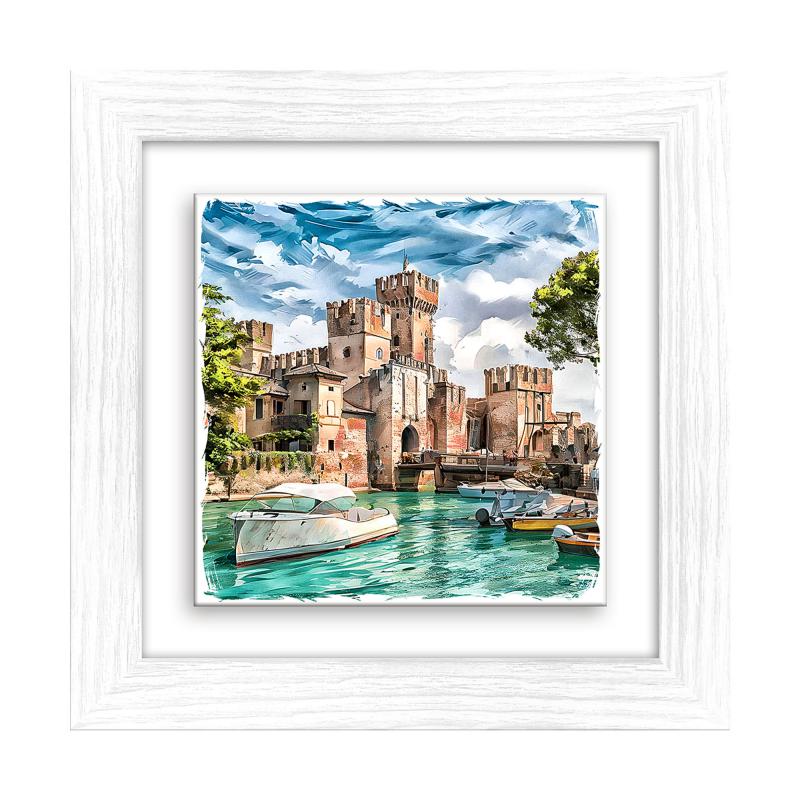 Lupia - Quadro moderno con paesaggi e localismi italiani, Ceramica e Stampa Rilievo, Cornice Legno Shabby Modern bianca, Decorazione Parete, Quadretti Soggiorno, 29x29 cm, BRESCIA SIRMIONE del brand Lupia, categoria: Arredo e decorazioni > Quadri e Tele > Quadri su ceramica, disponibile su Vorreishop.