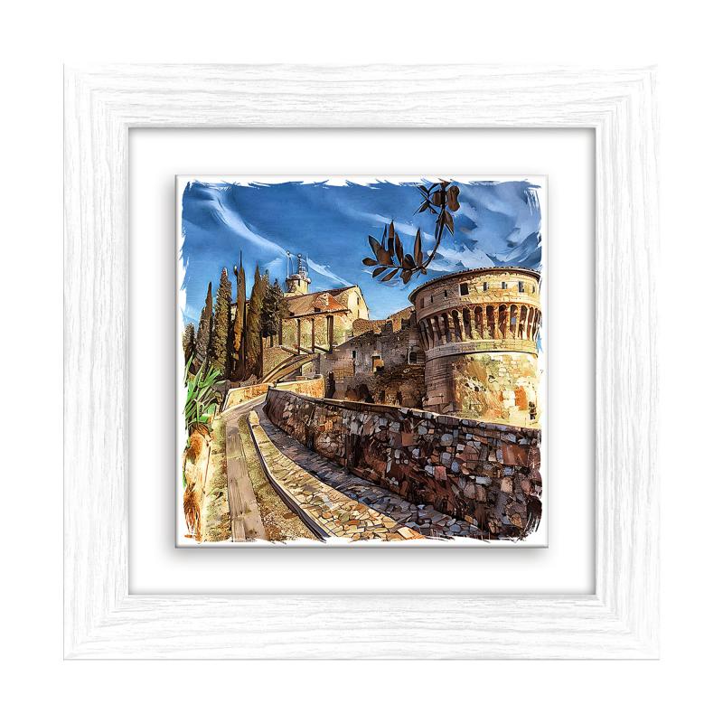 Lupia - Quadro moderno con paesaggi e localismi italiani, Ceramica e Stampa Rilievo, Cornice Legno Shabby Modern bianca, Decorazione Parete, Quadretti Soggiorno, 29x29 cm, BRESCIA CASTELLO MEDIEVALE del brand Lupia, categoria: Arredo e decorazioni > Quadri e Tele > Quadri città e Localismi, disponibile su Vorreishop.