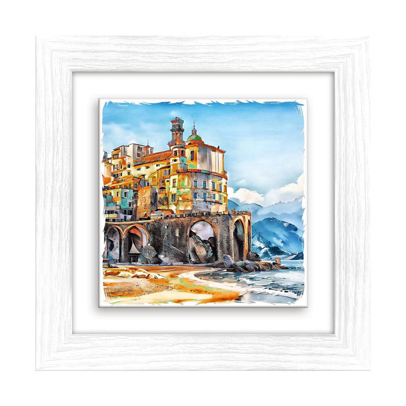 Lupia - Quadro moderno con paesaggi e localismi italiani, Ceramica e Stampa Rilievo, Cornice Legno Shabby Modern bianca, Decorazione Parete, Quadretti Soggiorno, 29x29 cm, NAPOLI PORTOFINO SPIAGGIA del brand Lupia, categoria: Arredo e decorazioni > Quadri e Tele > Quadri su ceramica, disponibile su Vorreishop.