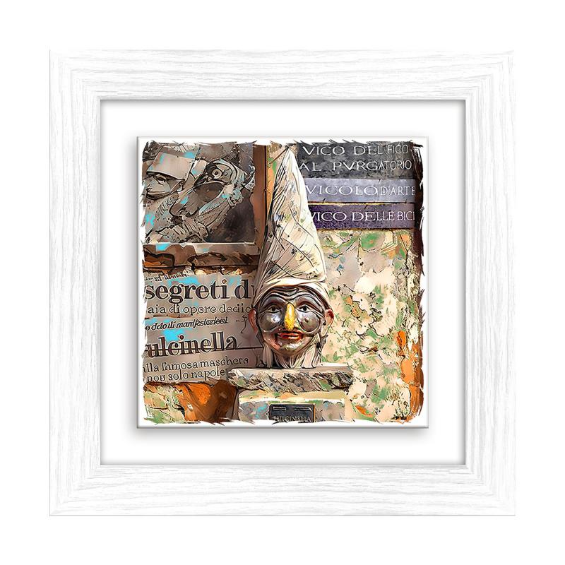 Lupia - Quadro moderno con paesaggi e localismi italiani, Ceramica e Stampa Rilievo, Cornice Legno Shabby Modern bianca, Decorazione Parete Quadretti Soggiorno 29x29 cm NAPOLI VICO DEL FICO PULCINELLA del brand Lupia, categoria: Arredo e decorazioni > Quadri e Tele > Quadri città e Localismi, disponibile su Vorreishop.
