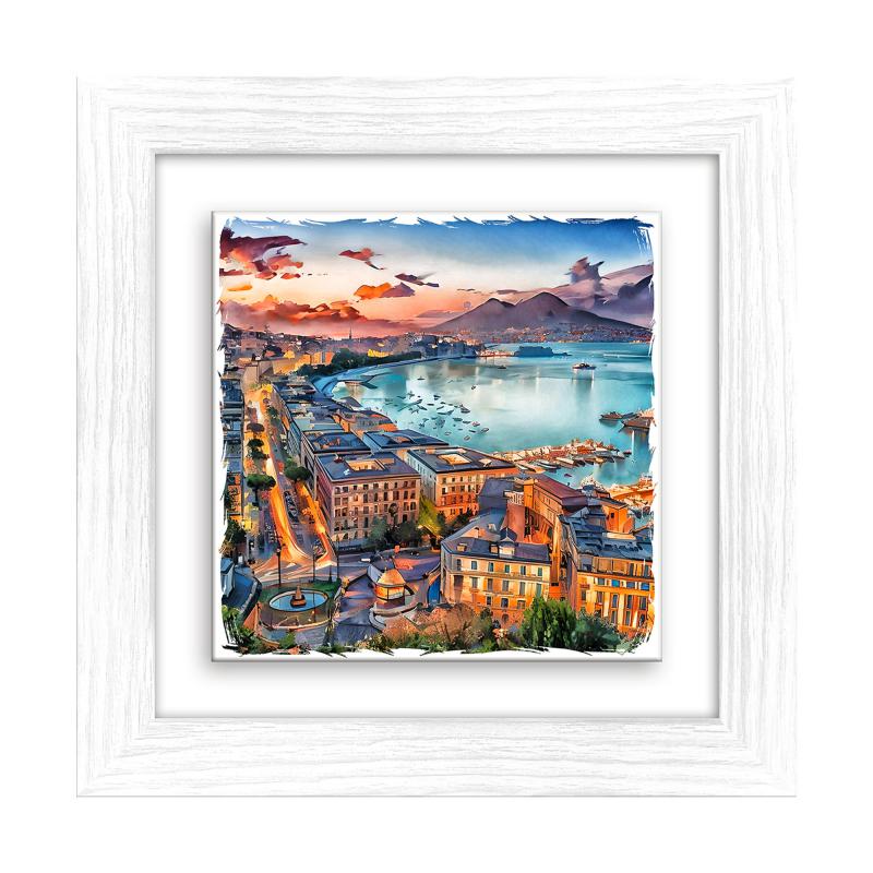 Lupia - Quadro moderno con paesaggi e localismi italiani, Ceramica e Stampa Rilievo, Cornice Legno Shabby Modern bianca, Decorazione Parete, Quadretti Soggiorno, 29x29 cm, NAPOLI GOLFO DI SERA del brand Lupia, categoria: Arredo e decorazioni > Quadri e Tele > Quadri città e Localismi, disponibile su Vorreishop.