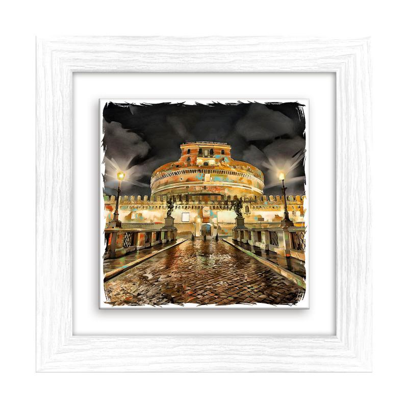 Lupia - Quadro moderno con paesaggi e localismi italiani, Ceramica e Stampa Rilievo, Cornice Legno Shabby Modern bianca, Decorazione Parete, Quadretti Soggiorno, 29x29 cm, ROMA CASTEL SANT'ANGELO del brand Lupia, categoria: Arredo e decorazioni > Quadri e Tele > Quadri città e Localismi, disponibile su Vorreishop.